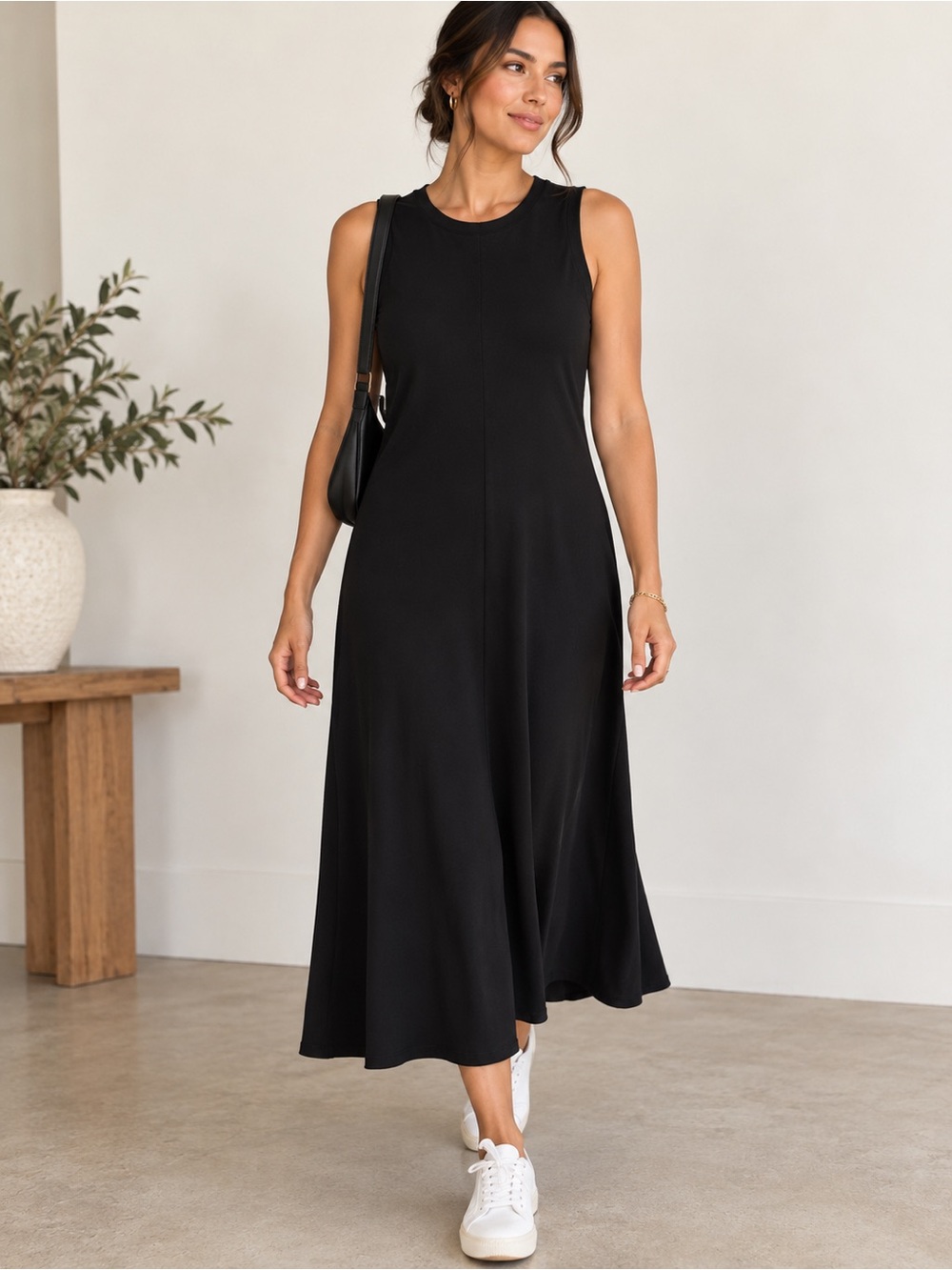 Magaschoni Black Sleeveless Maxi Dress with Crew Neck